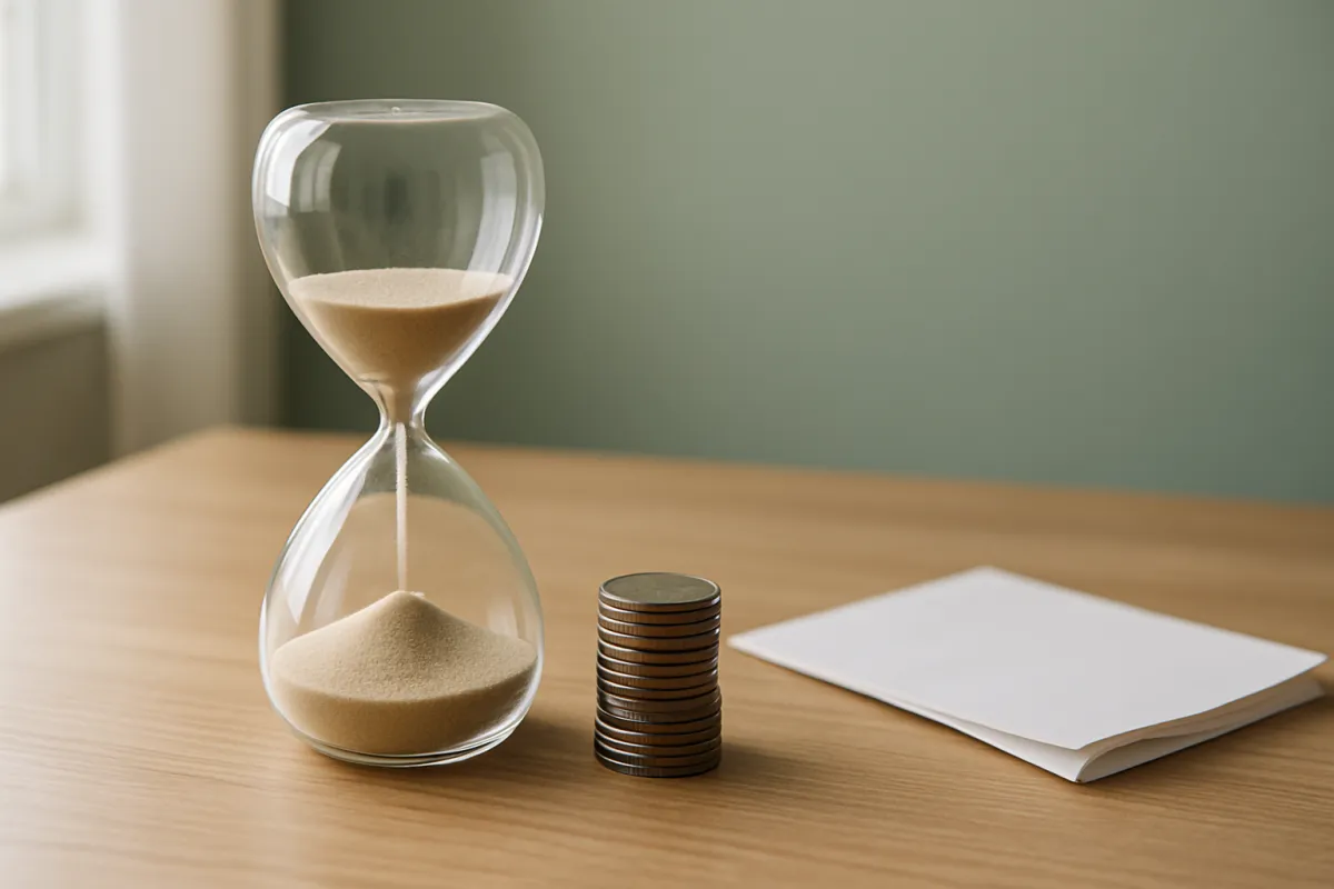 An hourglass with pale sand running through it standing on a light wood desk beside a short stack of coins and a folded sheet of blank white paper, with a soft green wall behind and daylight from a window at the left