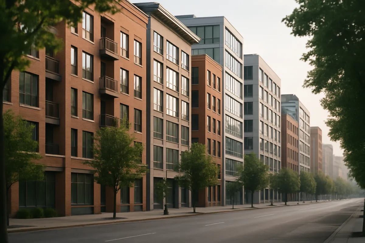 A row of mid-rise brick and glass apartment and office buildings along an empty city street in soft morning light, with young street trees lining the sidewalk