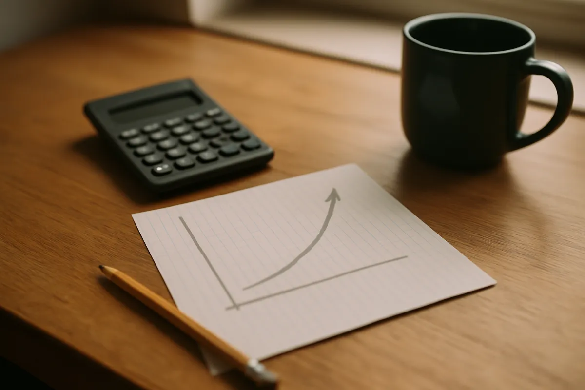 A pocket calculator, a pencil and a sheet of lined paper with a hand-drawn upward curving arrow on a wooden desk beside a dark mug