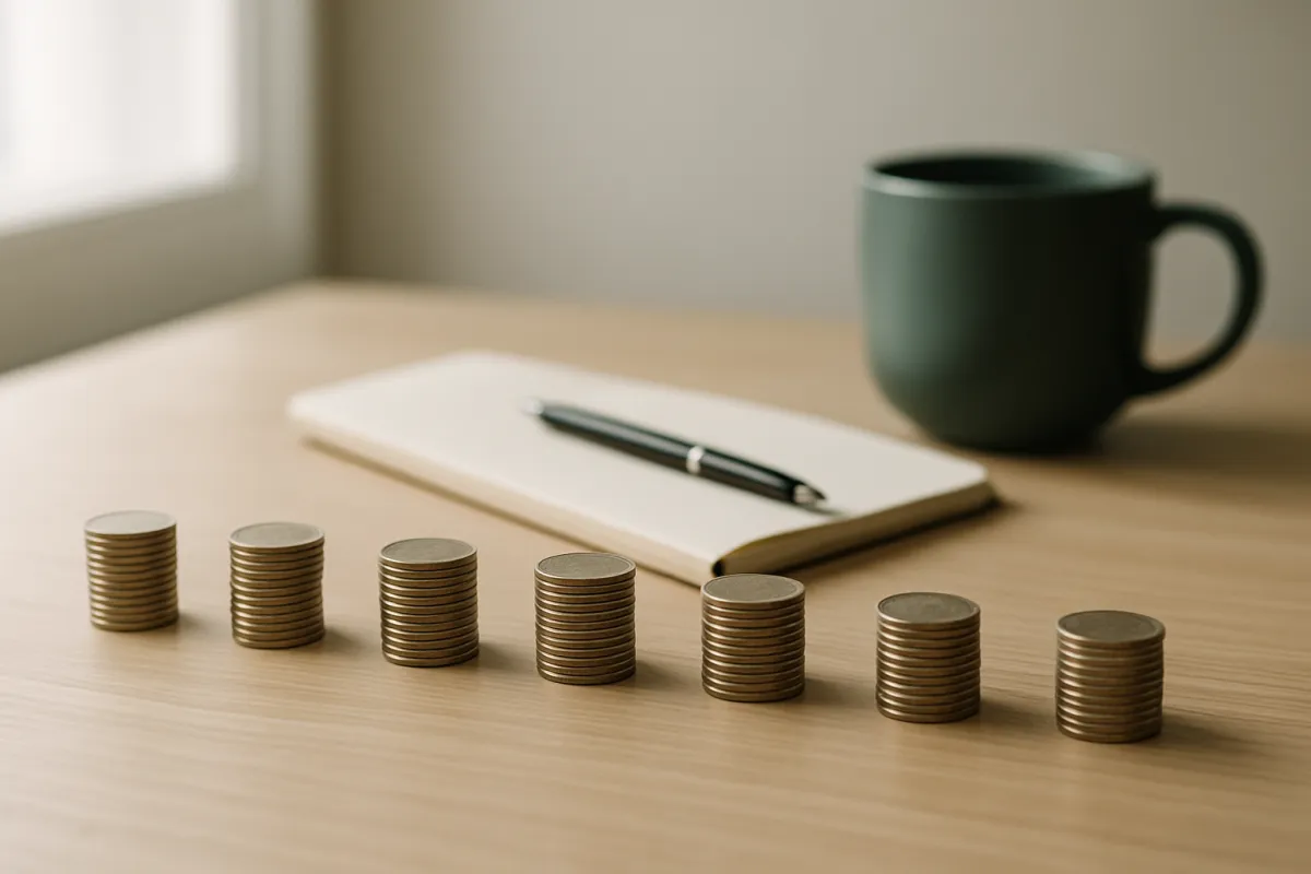 Seven small stacks of coins of differing heights arranged in a row along a pale wooden desk beside a closed notebook, a pen, and a dark green mug