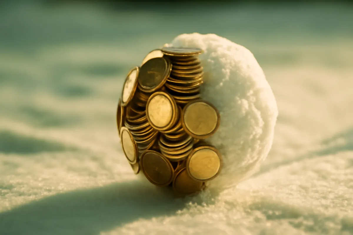 A snowball studded with gold coins pressed into its surface, resting on a snow-covered surface in warm afternoon light