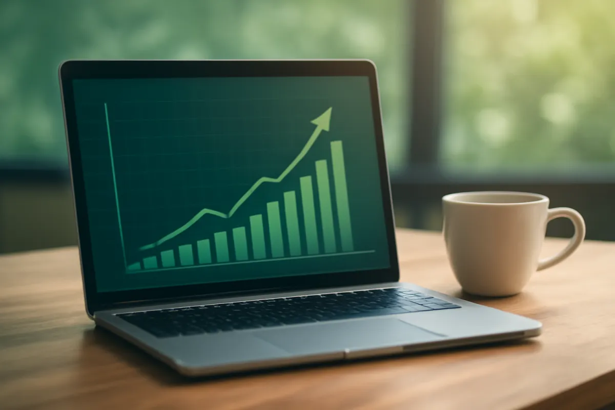 A laptop on a wood desk showing a rising green bar and line chart on its screen, with a white coffee mug beside it and blurred green foliage through a window behind