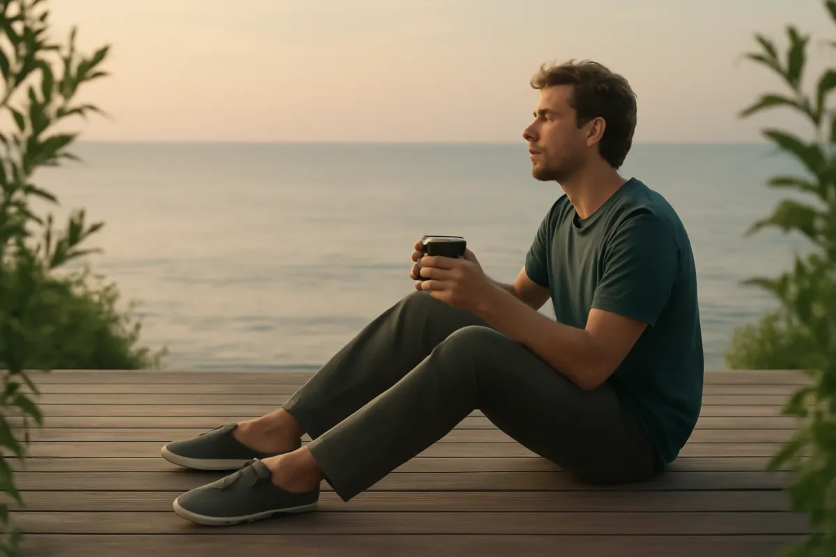 A relaxed person holding a coffee on a wooden deck at dawn with a calm ocean horizon softly blurred behind them in warm green-tinted light