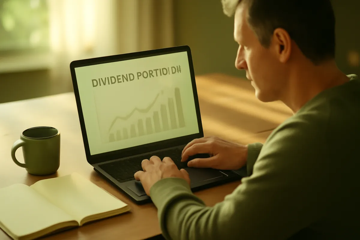 A calm investor reviewing a dividend portfolio on a laptop with faint rising charts on the screen, notebook and coffee nearby, in soft warm morning light