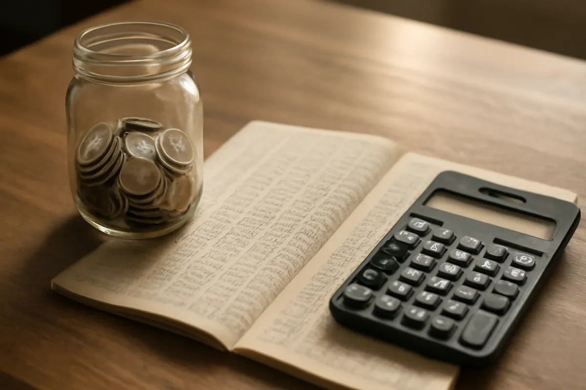 A glass jar partly filled with coins sitting beside an open handwritten ledger book covered in columns of figures and a black calculator, on a wooden desk