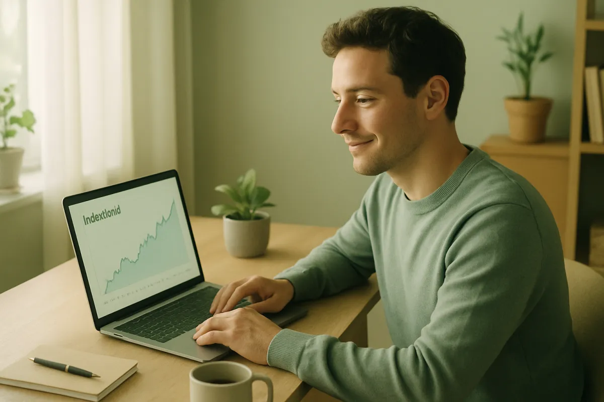 A person in a green sweater smiling at a laptop showing a rising line chart, at a light wood desk with a mug, notebook and potted plants in soft daylight