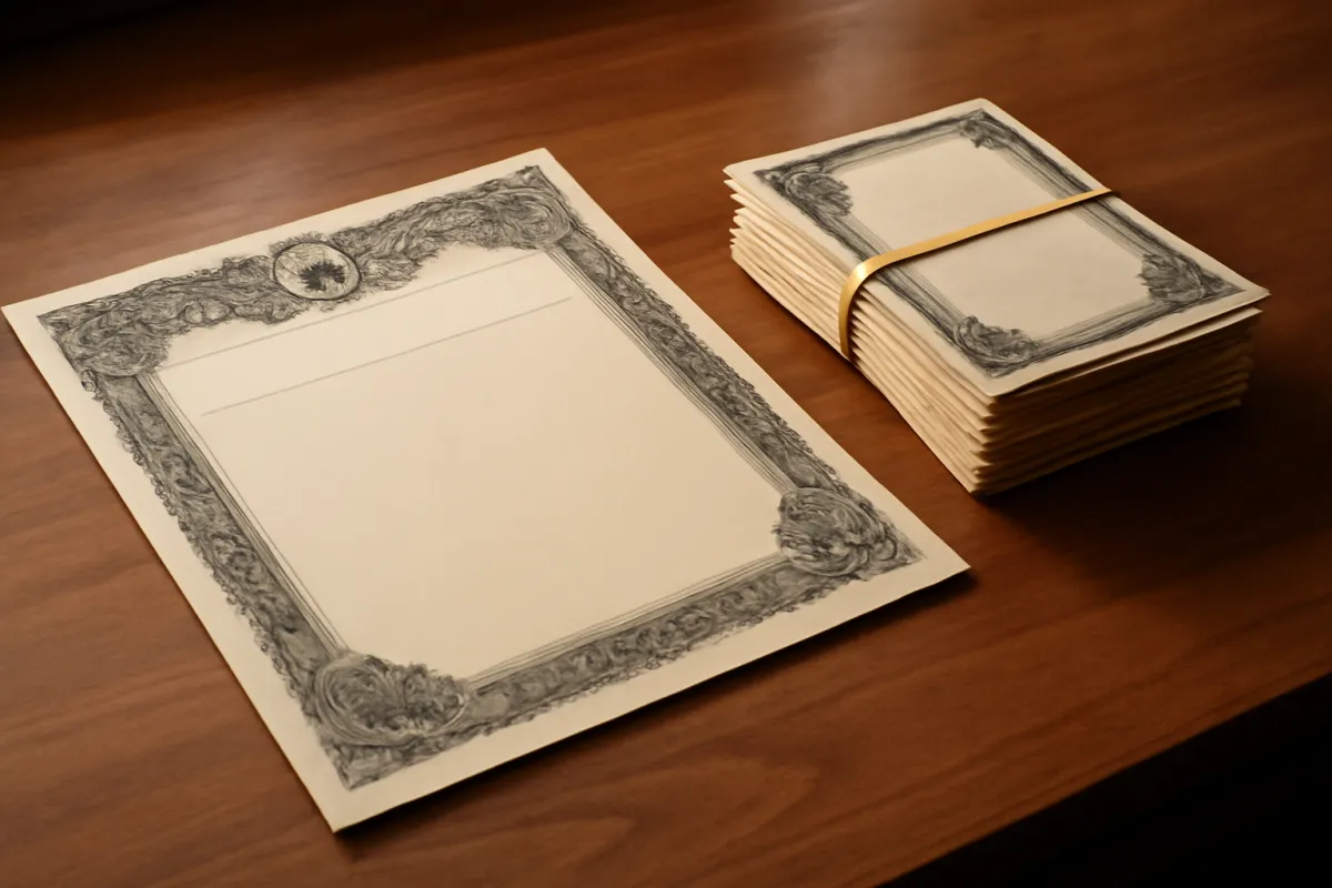 A single ornate bond certificate lying on a wooden desk beside a thick bundle of similar certificates bound together with a rubber band