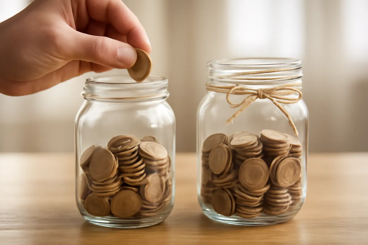 A hand dropping an extra coin into one open glass jar of coins while a second glass jar of coins beside it is tied shut with a twine bow, representing an employer match versus a sealed tax-advantaged account