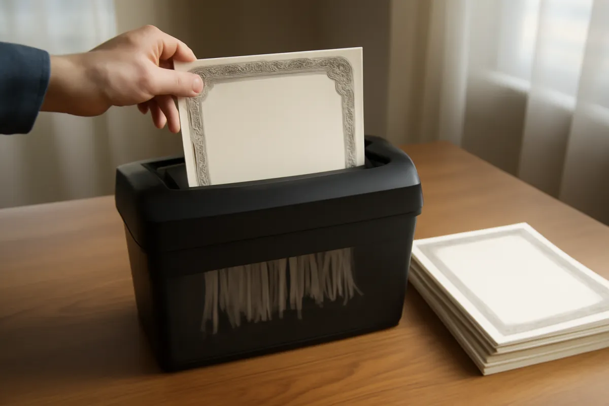 A hand feeding an ornate stock certificate into a paper shredder on a wooden desk, with a stack of identical blank certificates waiting beside it, representing shares being retired and removed from circulation