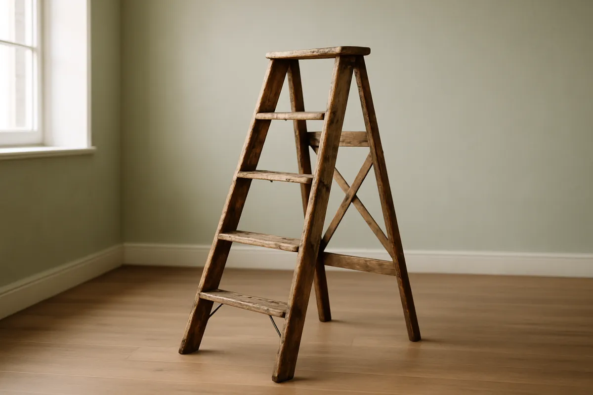 A weathered wooden step ladder standing on a wood floor in an empty room with a pale green wall and daylight from a window at the left, its steps rising at even intervals