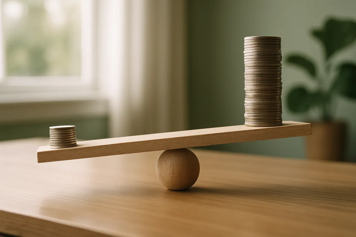 A wooden plank resting on a round wooden ball as a fulcrum on a table, with a tall stack of coins on the raised end and a much smaller stack on the lowered end in soft daylight