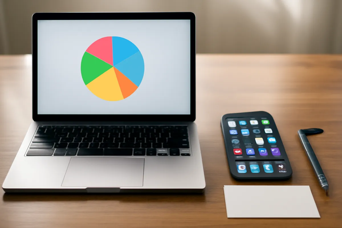 A laptop displaying a colorful multi-slice pie chart next to a smartphone showing a grid of app icons and a blank business card with a pen, arranged on a wooden desk